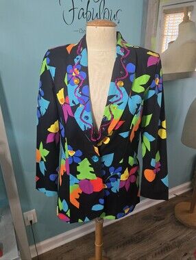 Exquisite 1980's Jordana Black Floral Neon Blazer